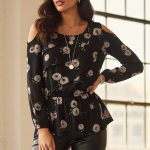 Whimsical Dandelion Print Tiered Ruffle Black Peplum Top Size M Medium